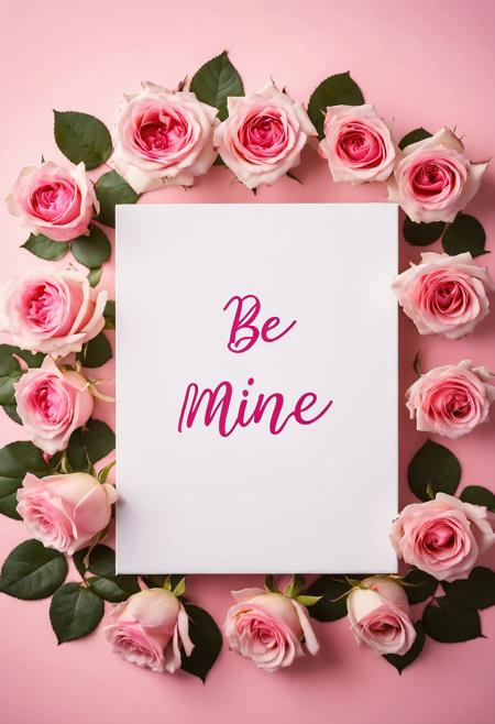 00149-lightbox sign, _BE MINE_ text, heart symbol, pink roses, pink background, Valentine's Day concept, romantic gesture, floral, ver.png